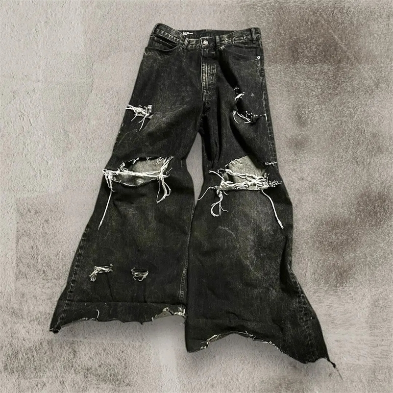 black ripped pocket jeans Gothic retro Y2k denim pants for men and women casual hip-hop straight wide leg Trouser streetwear 241203