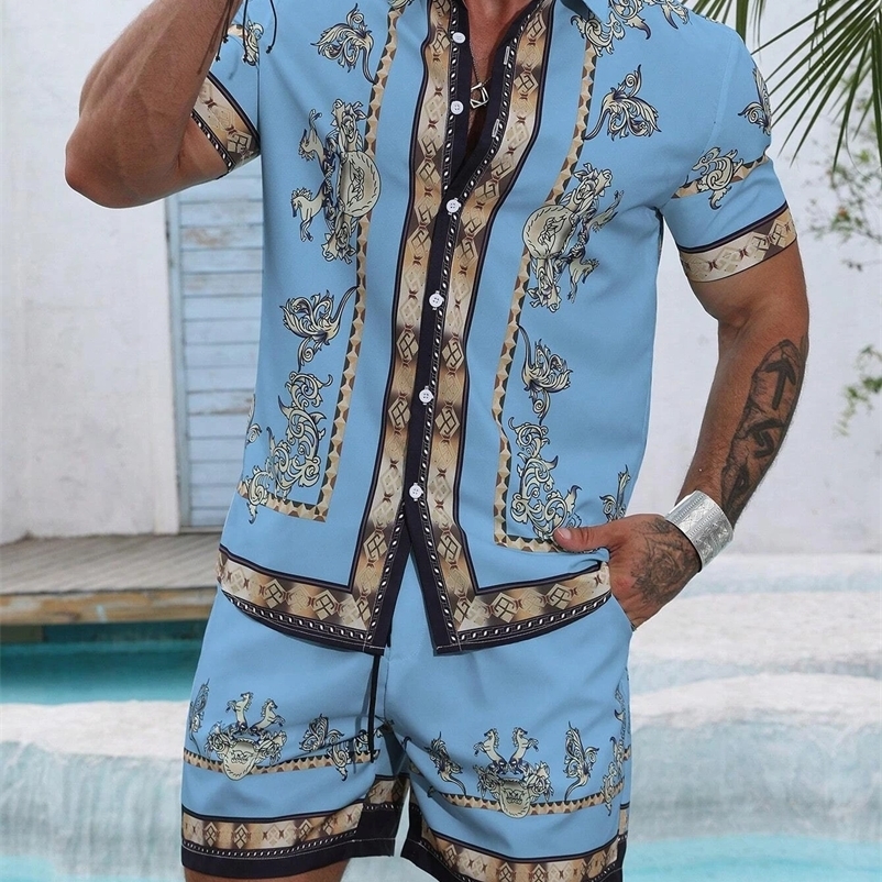 Striped shirt set mens short sleeved summer short sleeved beach shirt mens suit casual y2k short sleeved casual 250422