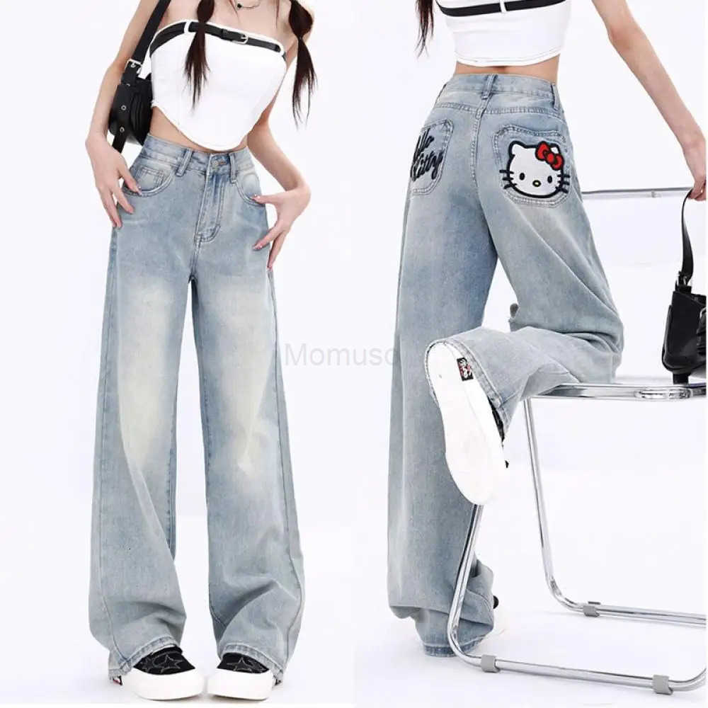 Sanrio Hello Kitty Y2K Jeans Sanrioed Anime Kawaii Spring High Waist Trousers Women Japanese Style Embroidery Look Thin Student Loose L250925