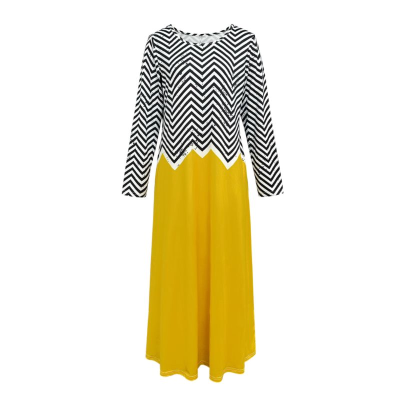 Women's Autumn & Winter Striped Patchwork Maxi Dress, Milk Silk Fashion Versatile Long - Sleeve Dress-CF55073