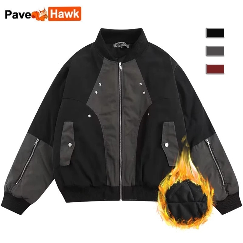 Retro Bomber Jacket Men Zip Up Patchwork Cotton-padded Baseball Jackets Spring Harajuku Coat Unisex Loose Autumn Thicken Outwear 240126