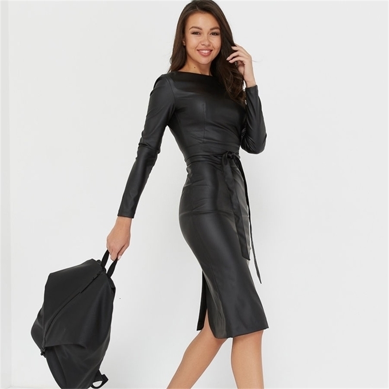 Women Elegant Matt Pu Leather Pencil Dress Vintage Sashes O Neck Long Sleeve Solid Warm Slim Dress Bodycon Party Holiday Dress 210630