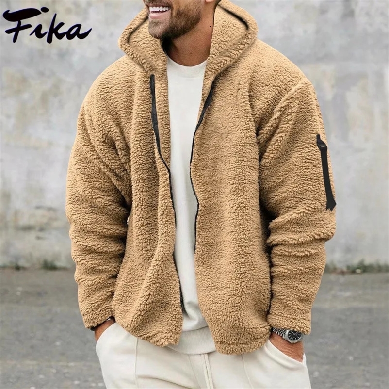 Men's Jackets Autumn Winter Casual Loose Fleece Jackets for Men Fluffy Coats Vintage Zipper Hooded Jacket Mens Thick Warm Coat Streetwear 231110