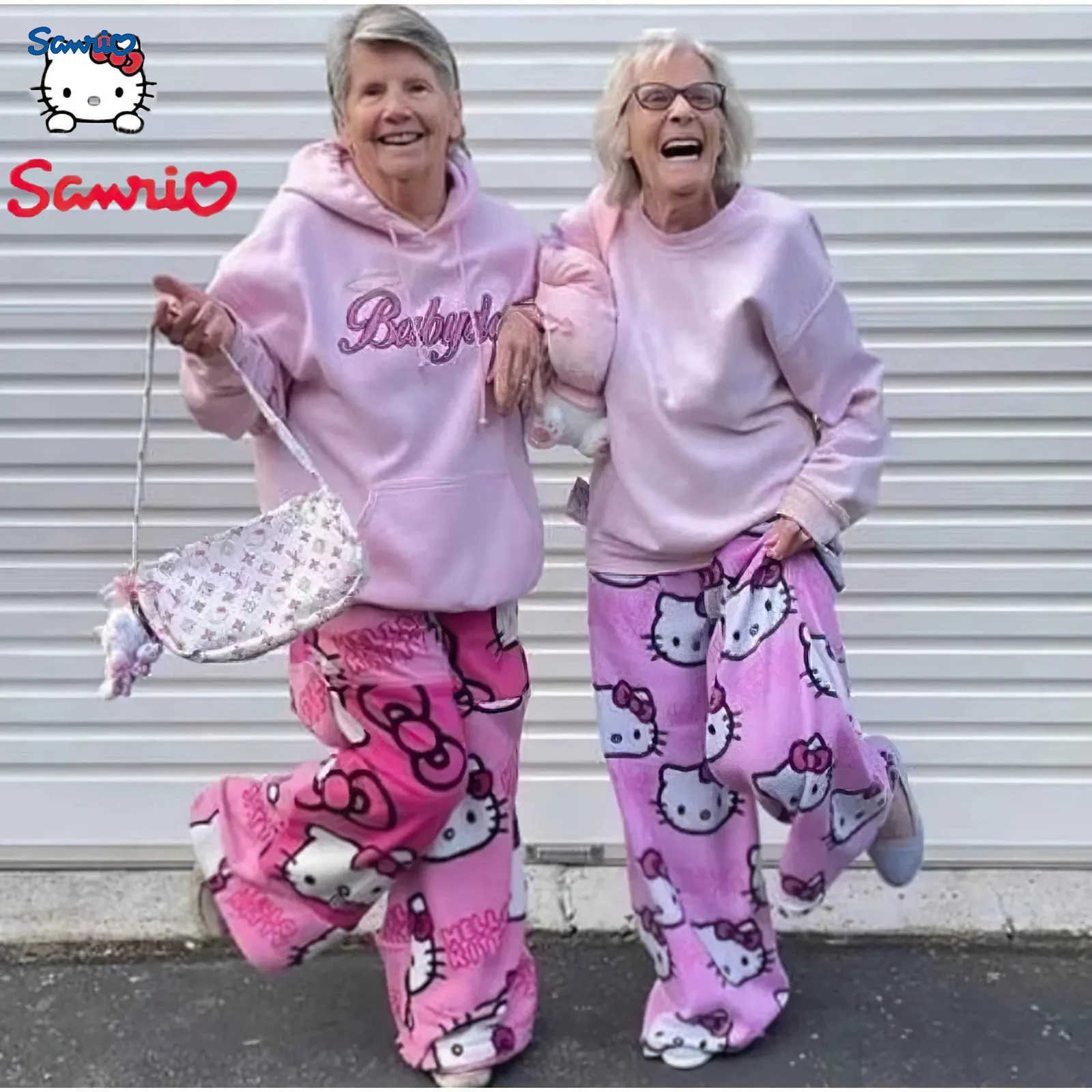 Sanrio Hello Kitty Pajamas Pants Black Pink Anime Flannel Women Warm Woolen White Cartoon Casual Home Pants Autumn Girl Trousers L250925
