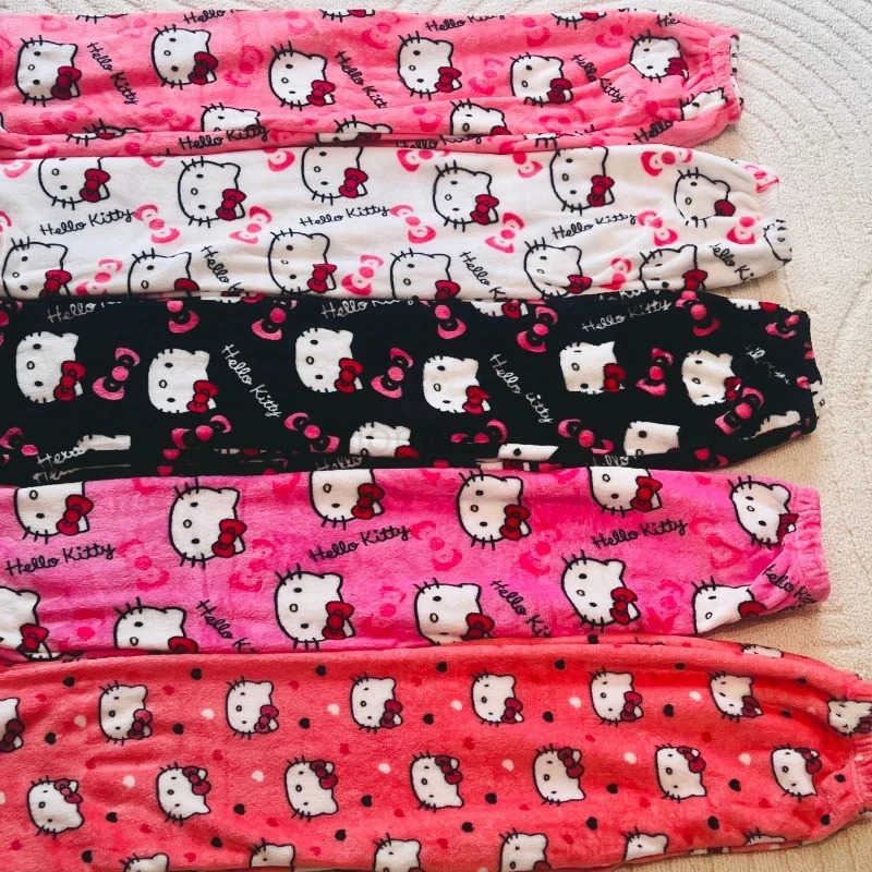 Sanrio Hello Kitty Flannel Pajamas Y2k Kawaii Anime WomenS Warm Woolen Cartoon Casual Home Pants Autumn Winter Fashion Trouser L250925