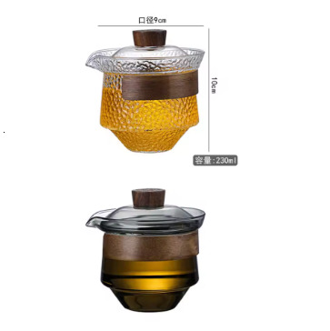 Japanese Glass Teacup with Lid & Wooden Saucer,Heat-Resistant Covered Tea Bowl,Traditional Gongfu Tea Set with Anti-Scald Holde