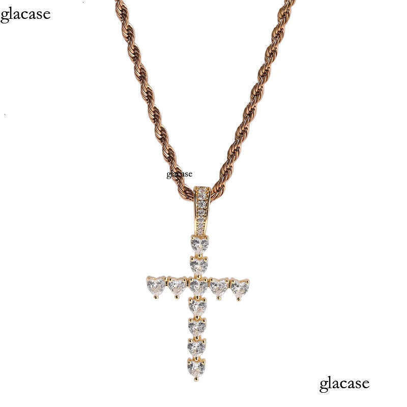 Hip Hop Fashion Charm Heart Shape Zircon Cross Pendant Necklace Crystal Real Gold Plated Women Men Religion Jewelry
