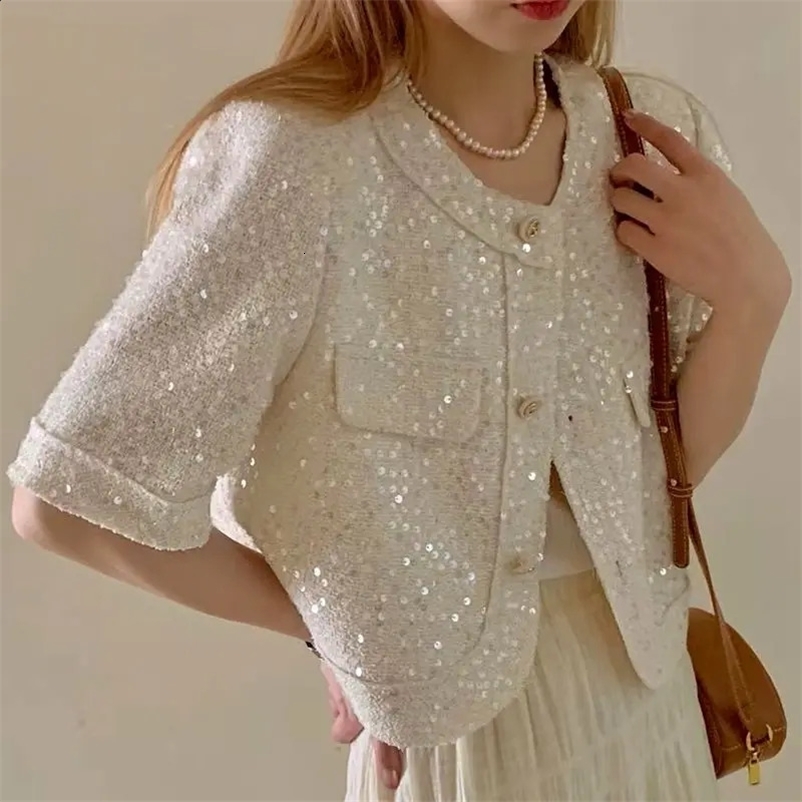 Summer High Quality Korean Tweed Paillette Short Sleeve Jacket Coat Women Korean Fashion Sequin Short Outerwear Top 240911