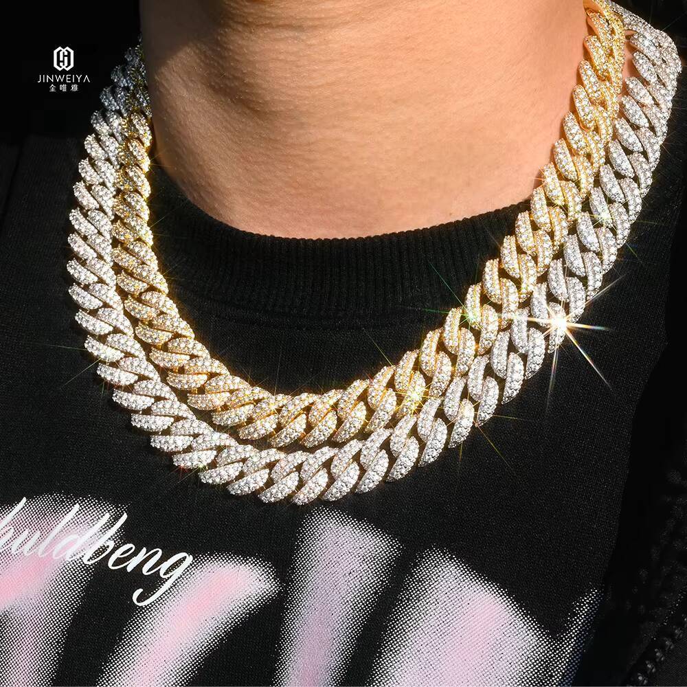 JWY 14mm Iced Out Cuban Link Chain 18K White Gold Plated 925 Silver Necklace with Dense Moissanite Bling Diamond for Wedding