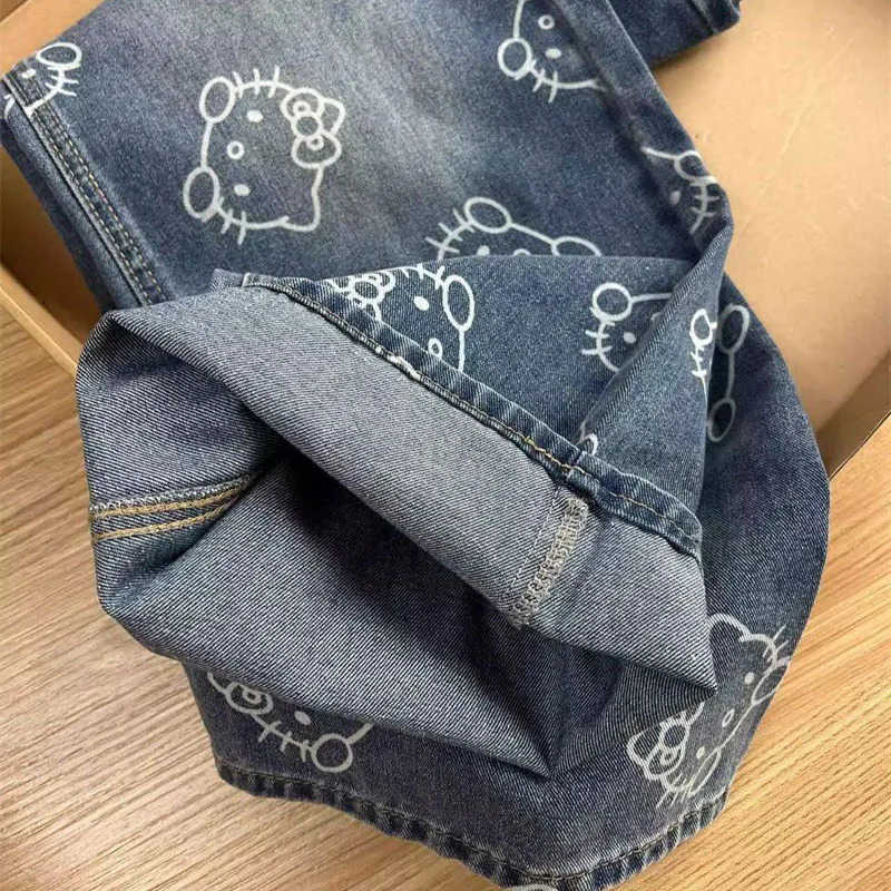 Sanrio Kawaii Hello Kittys Printed Jeans for Women Fashion High Waist Wide Leg Pant Cartoon Denim Pant Y2K Casual Trousers for Teenager L250925
