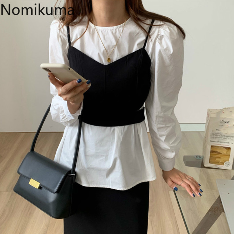 Nomikuma Autumn 2 Pieces Blouse Sets Puff Long Sleeve O-neck Pullover Blouse + Short Sling Vest Korean Women Outfits 6C924 210427