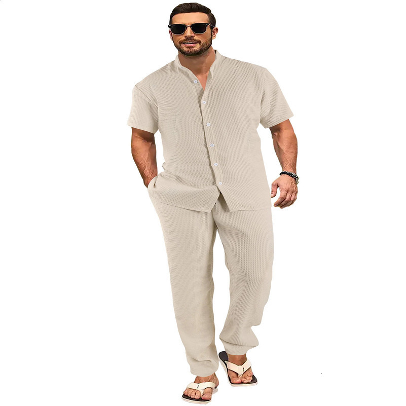 Leisure 2-piece spring/summer mesh fabric short sleeved drawstring pants set 250427