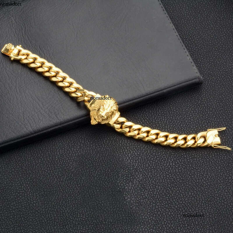 Real Gold Plated Miami Cuban Link Chain Lion Head Men Hip Hop Stainless Steel Jewelry Bracelets 1d