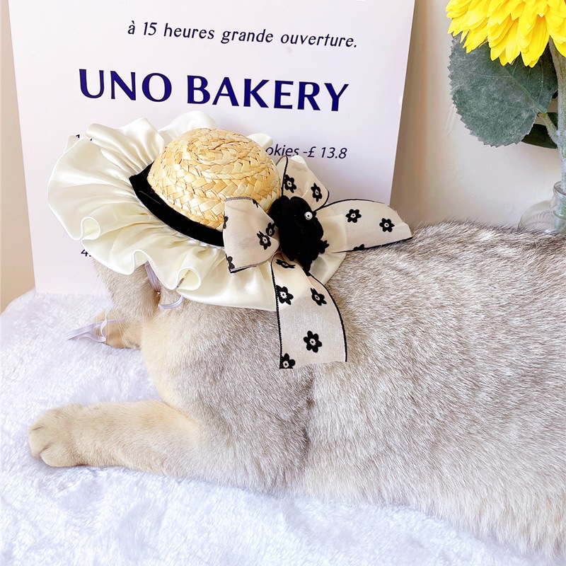 Designer Pets Elegant Straw Hat Cat Ribbon Bowknot Beach Hat Cat Neckerchiefs for Daily Collocation