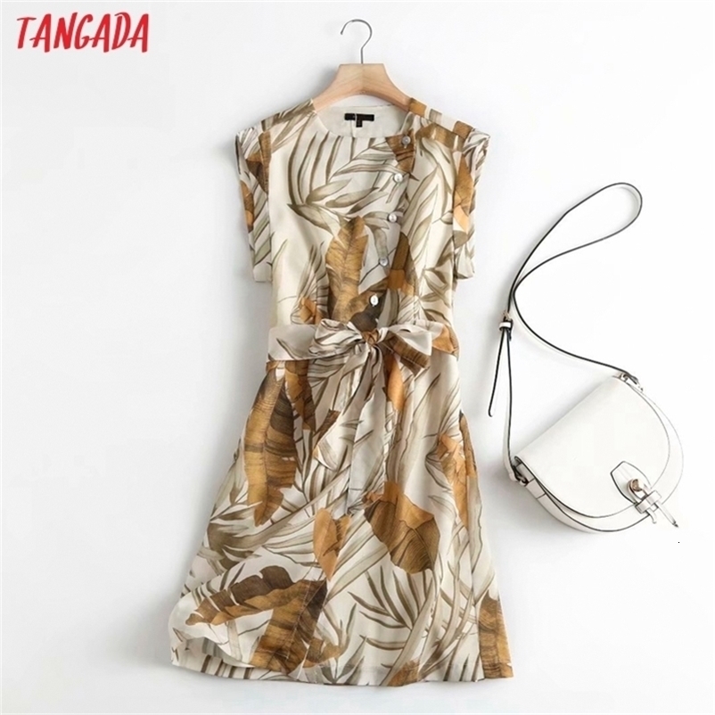 Tangada Fashion Women Flowers Print Dress with Slash Sleeveless Buttons Female Office Lady Short Dress 4C95 210630