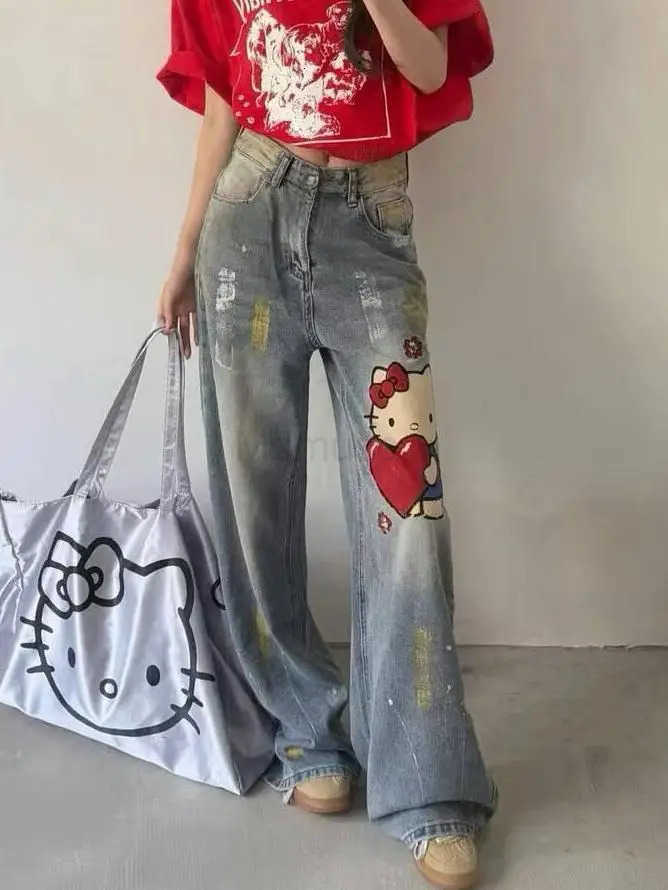 Sanrio Hello Kitty New 2025 Cartoon Cute Jeans Creative Womens Loose and Comfortable Straight Leg Wide Leg Pants Holiday Gifts L250925