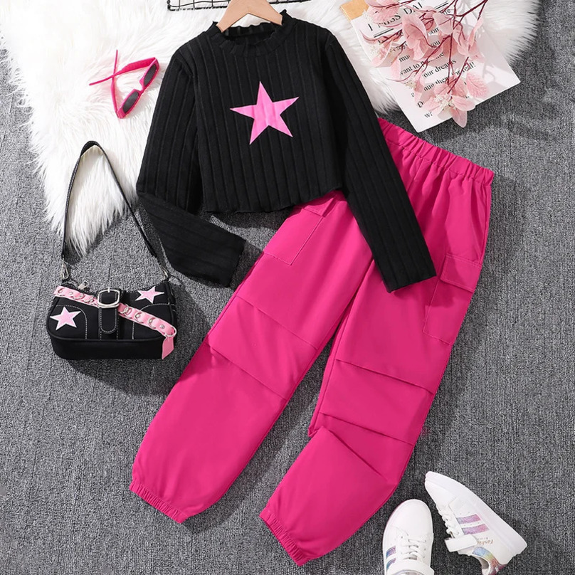 Children Casual Clothing Outfits For Girls Black Pullover Hoodie And Rose Red Pants Sports Loose Comfortable Style Daily Suits 250224