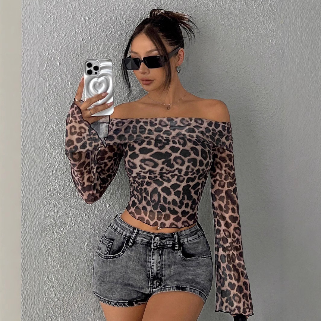 Fashion Spring Autumn Winter Women's Off-Shoulder Long Sleeve T-Shirt Leopard Print Top Sexy Hot Girl
