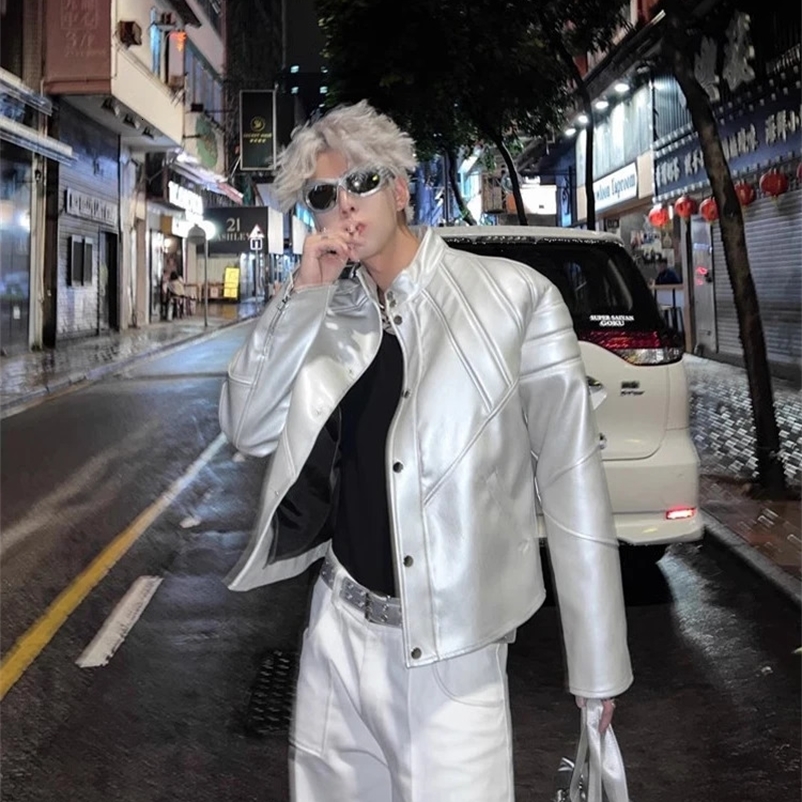 Mauroicardi Spring Autumn Cool Short Silver Faux Leather Jacket Men Shoulder Pads Y2K Streetwear Unisex Clothing 240809