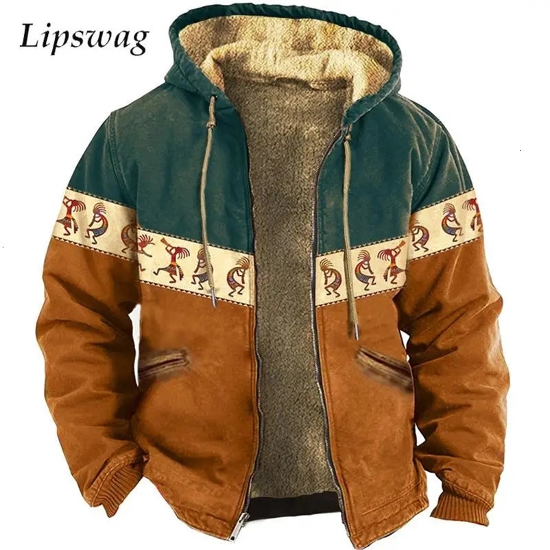 Men's Jackets Vintage Graphic Printing Patchwork Fleece Jacket For Men Autumn Winter Casual Zipper Hooded Wool Lining Coats For Mens Outerwear 23