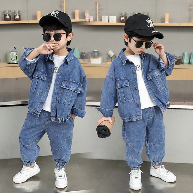 Spring Autumn Baby Boys Blue Cowboy Sport Suit Children Solid Color Denim Jacket CoatJeans Long Pants Two-piece Set 250224