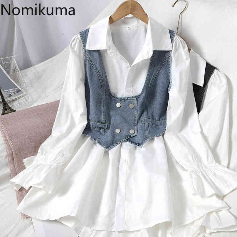 Nomikuma Spring New Blouse 2 Piece Suit Medium-long Puff Sleeve Blouse Shirt + Double Breasted Demin Vest Korean Sets 6D981 210427