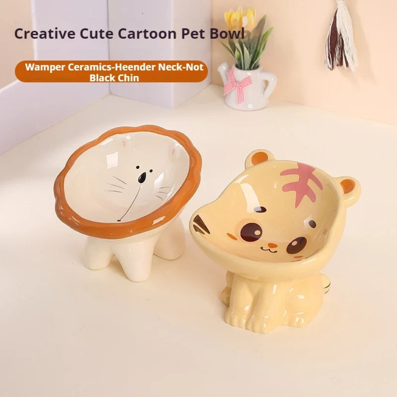 Cartoon cute pet bowl ceramic high neck protection black chin multifunctional water and food container cat and dog bowl 250414