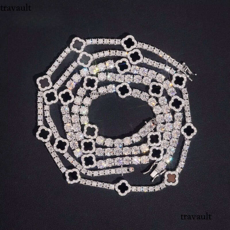 Ready Stocks 3mm 5mm Black Agate Clover Necklace Bracelet Tennis Chain Moissanite Solid Sier