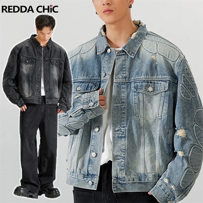 REDDACHIC 3D Padded Demi-season Denim Jacket Men Heavy Industry Vintage Wash Ripped Hole Y2k Oversize Coat Fall Winter Outerwear 240913
