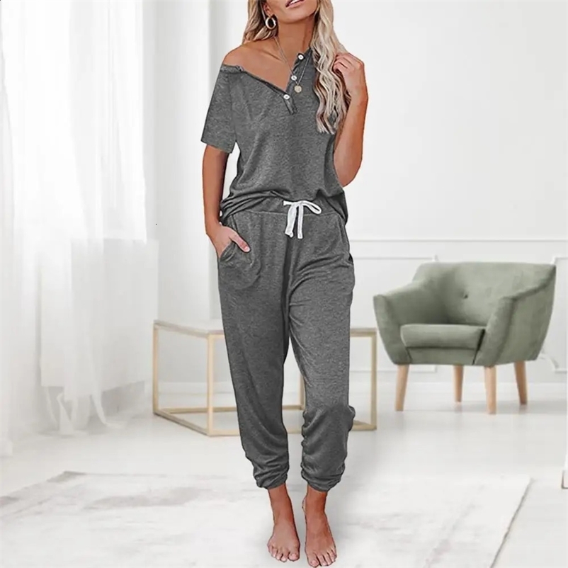 2 Pcs/Set Women Summer Tracksuit Buttons Short Sleeves Loose Elastic Waist Drawstring Sports Pullover Pockets V Neck T-shirt Tro 240809