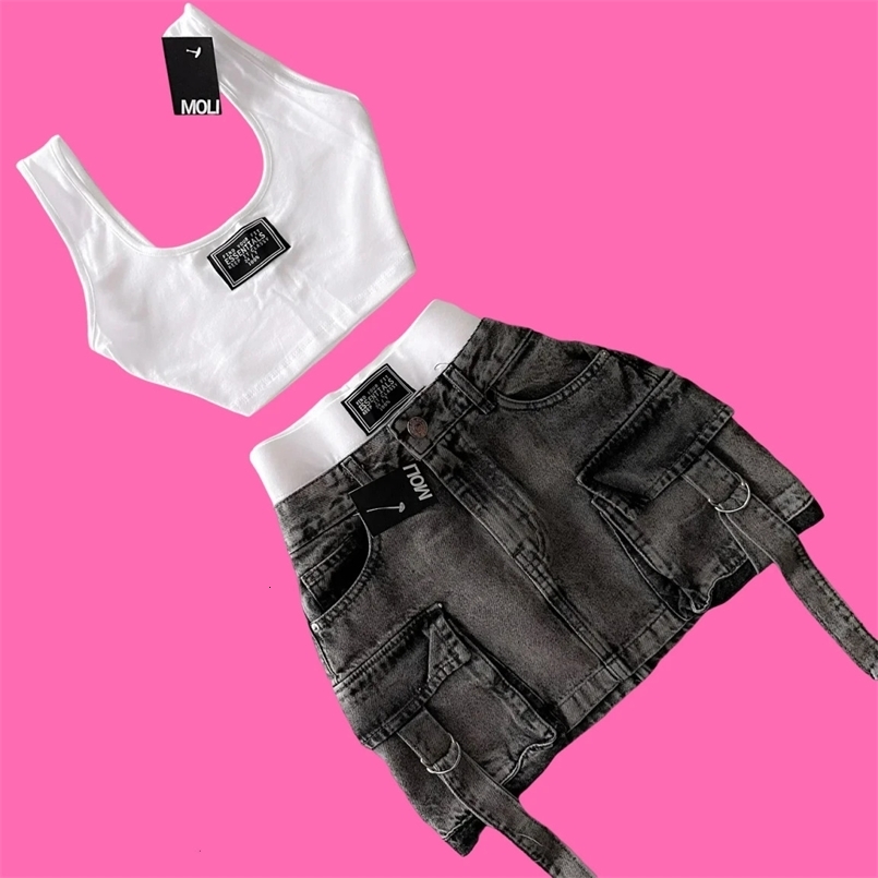 Y2k Fashion Womens Two Peice Sets Multiple Pockets Harajuku Denim Skirt Sets Goth Straps Casual Versatile Strap Streetwear 250320