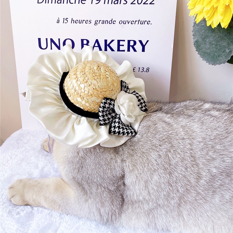 Designer Pets Elegant Straw Hat Cat Ribbon Bowknot Beach Hat Cat Neckerchiefs for Daily Collocation
