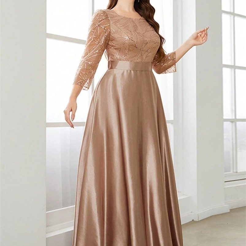Mgiacy Crew collar long sleeved sequin patch work satin long sleeved ballroom dress party dress bridesmaid dress 241231