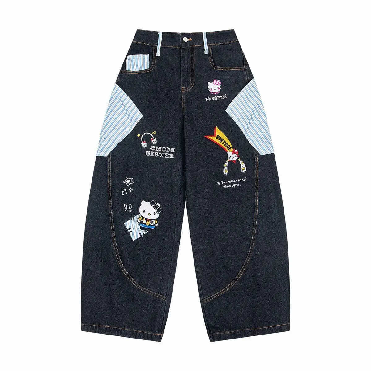Sanrio Cartoon Hello Kittys Embroidery Jeans Y2K Womens Version Streetwear Jeans Fashion Printing Retro Wide Leg Pants Girls L250925