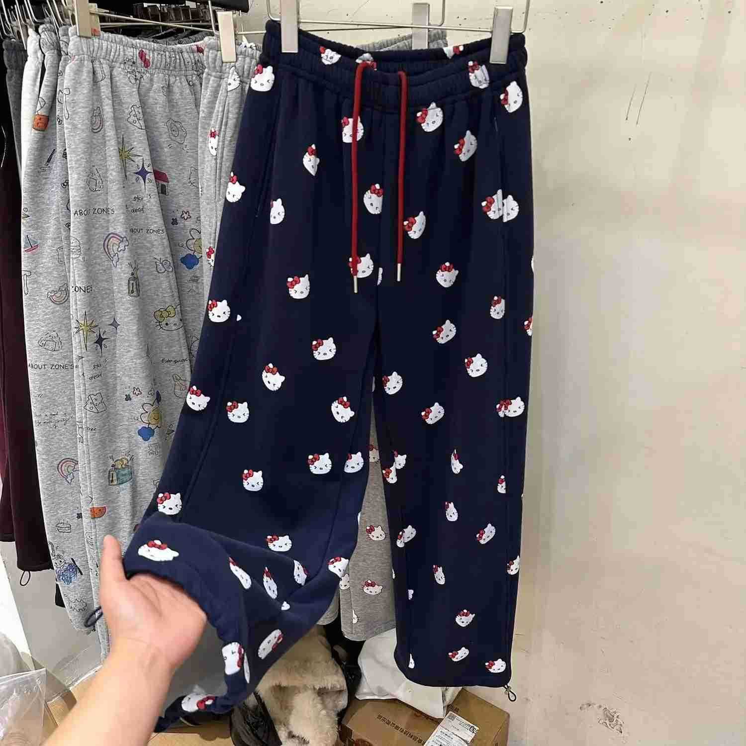 Sanrio cartoon Hello kitty winter cute and sweet girls fashionable and versatile new plus velvet casual straight wideleg pants L250925
