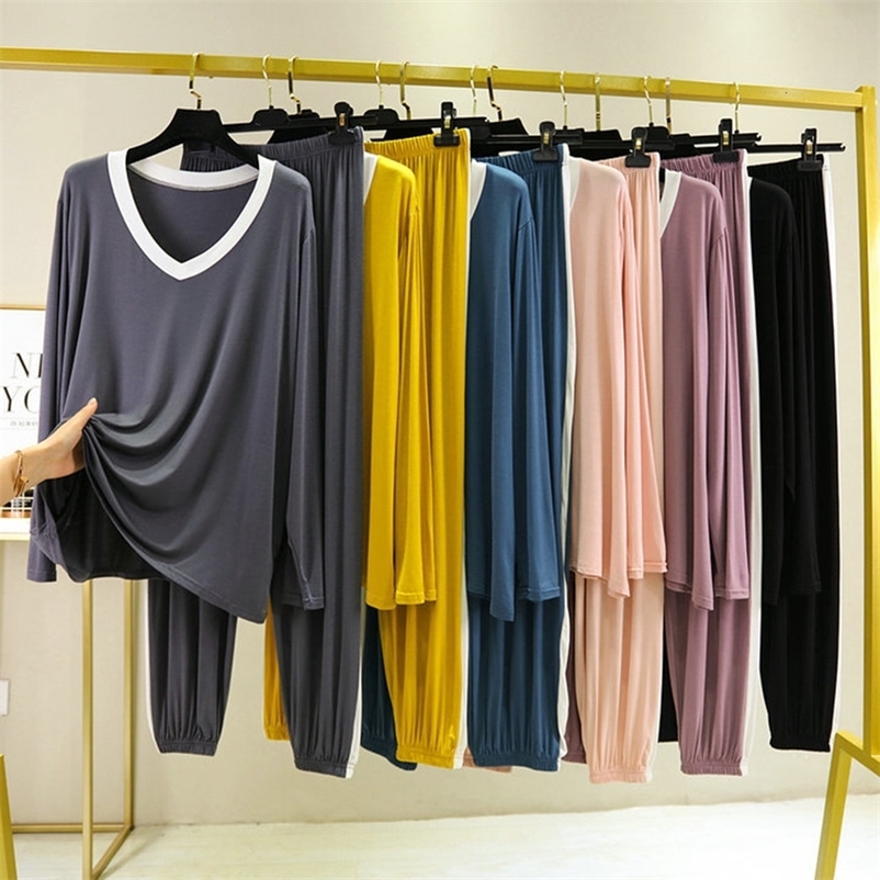 Women's Sleepwear Fdfklak 2PCS Pajama Sets Women Autumn Long Sleeve Solid Modal Loose Breathable Soft Home Clothing Comfortable Sleeping Suits 23