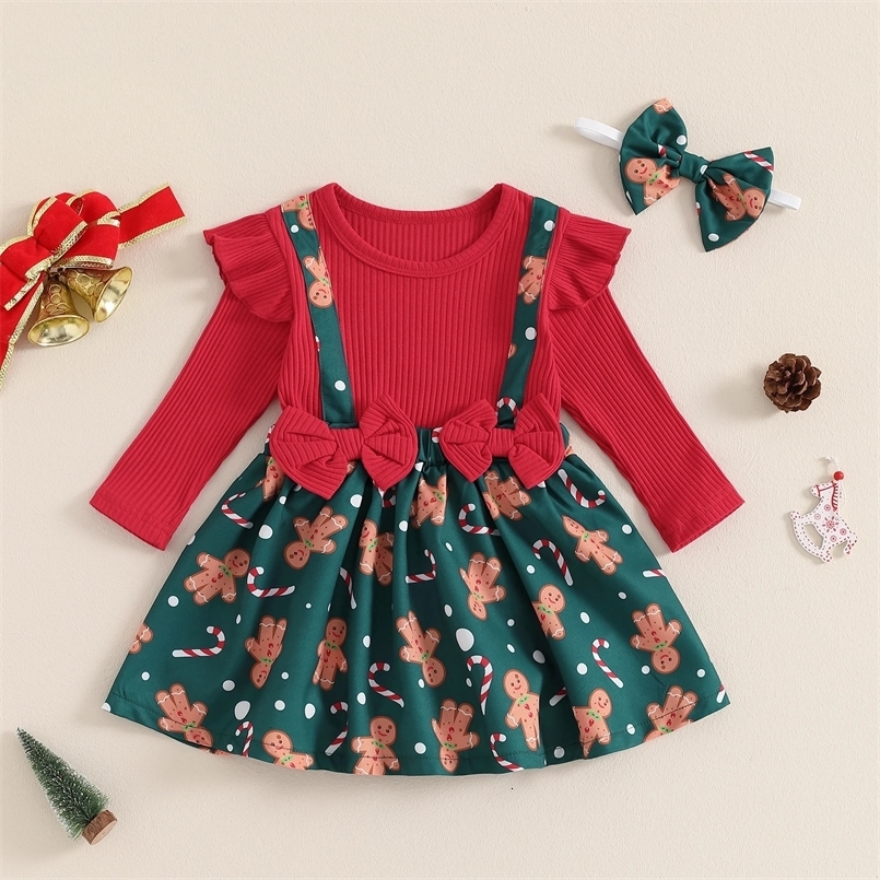 MISOWMNJOY Christmas Infant Girls Dress Cute Fall Baby Clothes Plaid Bow Long Sleeve Ribbed Ruffle Overall Dress Headband Outfit 241111