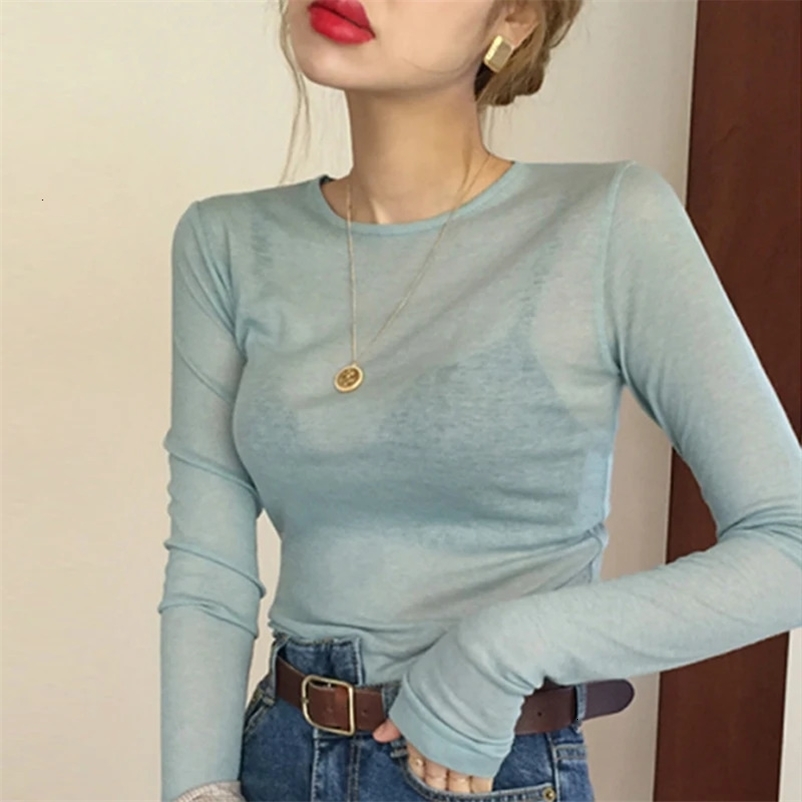 sexy slim high quality plain t shirt women tops spring summer club party see-through Transparent long sleeve tee shirt female 240429
