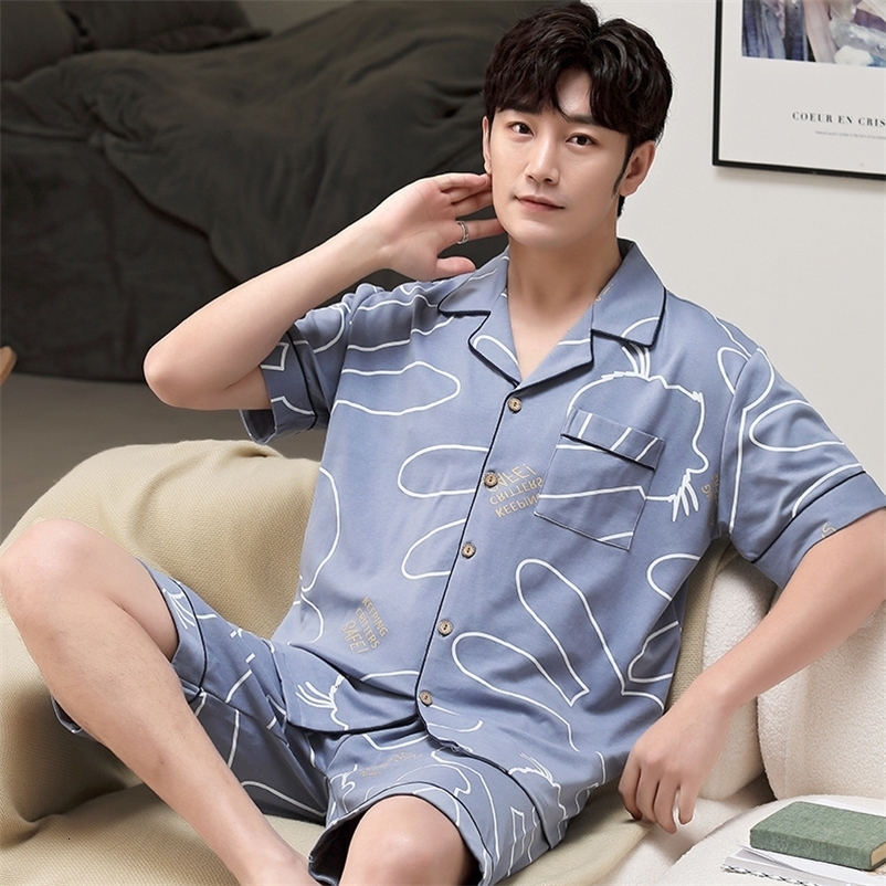 Men's Sleepwear Mens Pajamas Set Summer Short Sleeved Sleepwear 2 Pieces Casual Loungewear Pyjama 5XL Homewear Hombre Pijama Anime Roomwear 23031