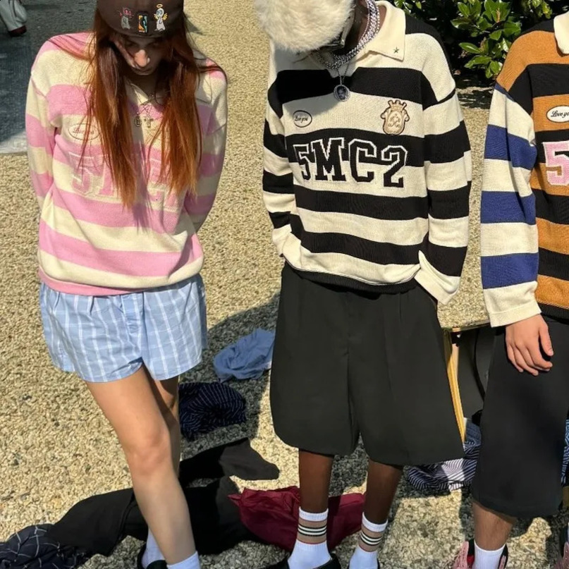 Aesthetic kawaii letter embroidery striped POLO collar pullover sweaters women sweet and cute fashion versatile baggy sweatshirt 240730