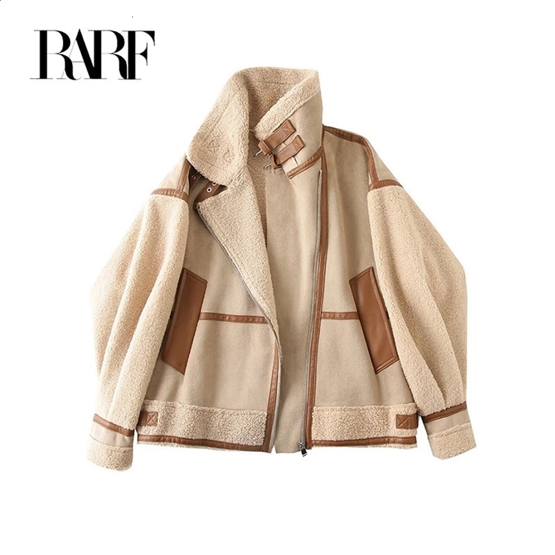 RARFs winter womens thick insulation restores ancient methods such as Suede Wool motorcycle jackets and chic loose synthetic leather 241007