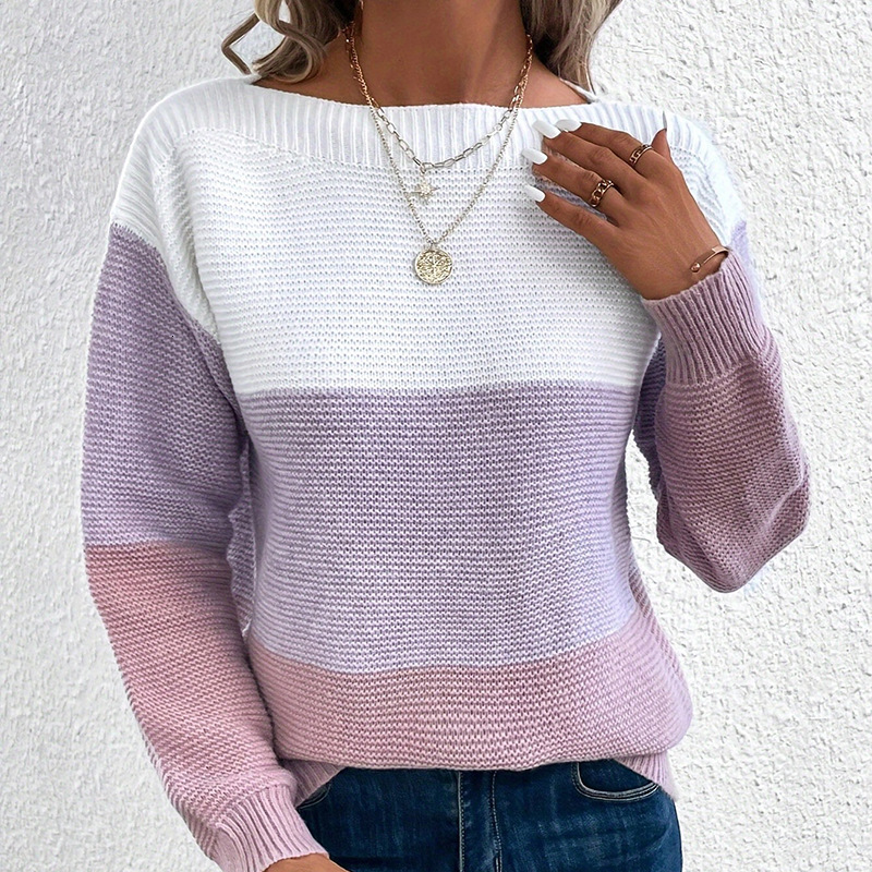 2024 Autumn and Winter New Knitted Sweater for Women, Color Block Patchwork, Round Neck, Long Sleeve Pullover Top