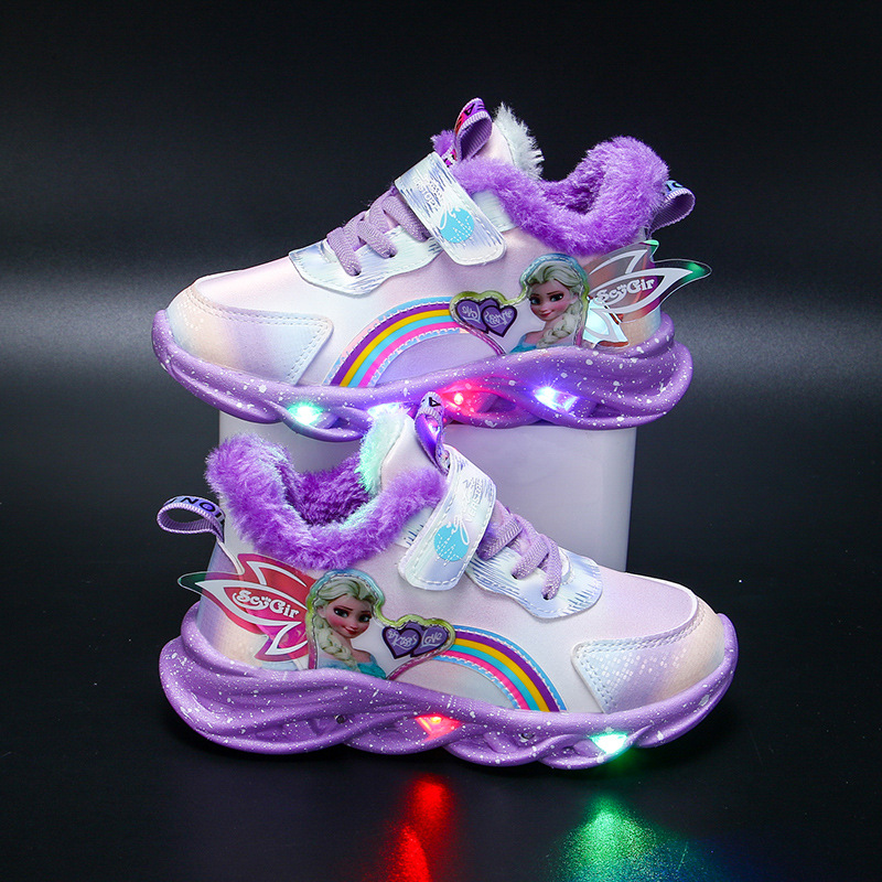 Cartoon LED casual sports shoes pink purple girls ice and snow Elsa princess printed outdoor shoes children's lightweight anti slip shoes