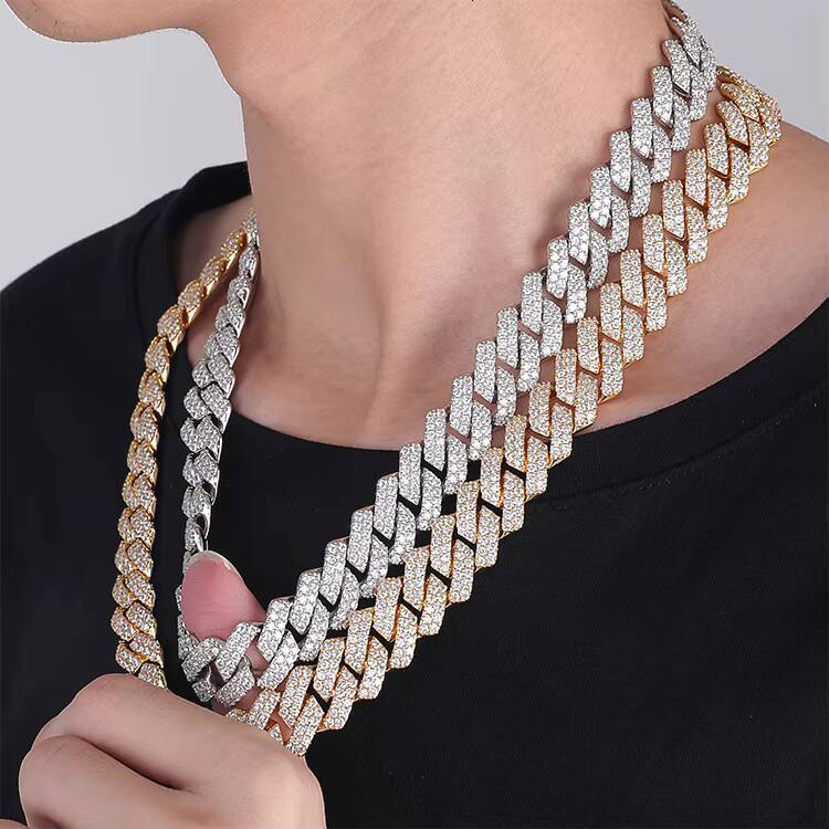 JWY 2021 Fashion Iced Out Gold and Silver Plated Brass Cuban Link Chain Hip Hop Style Necklace with Moissanite for Men