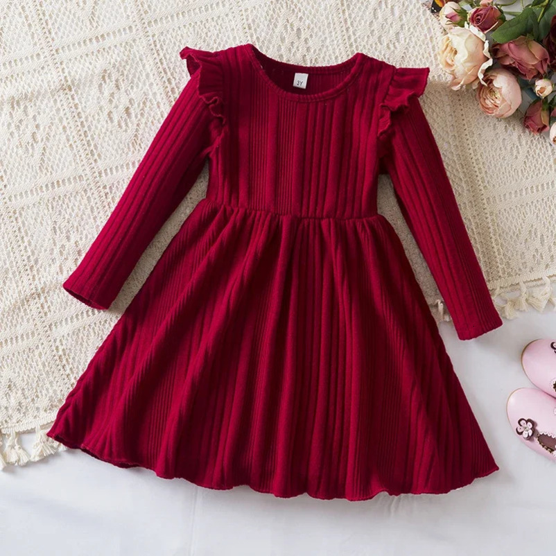 Year Red Girl Knitting Rib Wool Long Sleeve Princess Dress Autumn Winter Warm Sweater Dress Kid Christmas Casual Clothes 241219