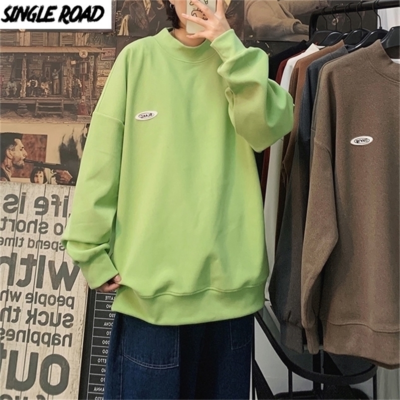 SingleRoad Mens Crewneck Sweatshirt Men Solid Oversized Hip Hop Harajuku Japanese Streetwear Sweatshirts Green Hoodie Men 201127