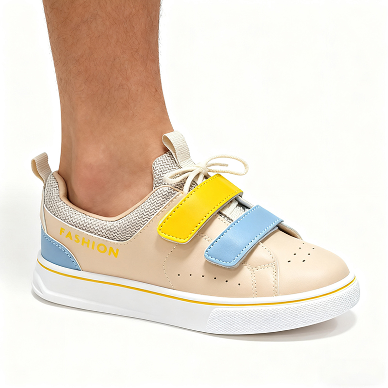 Casual Shoes Kids' Stylish Velcro - Strap Casual Sneakers - White with Yellow & Beige Accents, Ideal for Daily School Wear