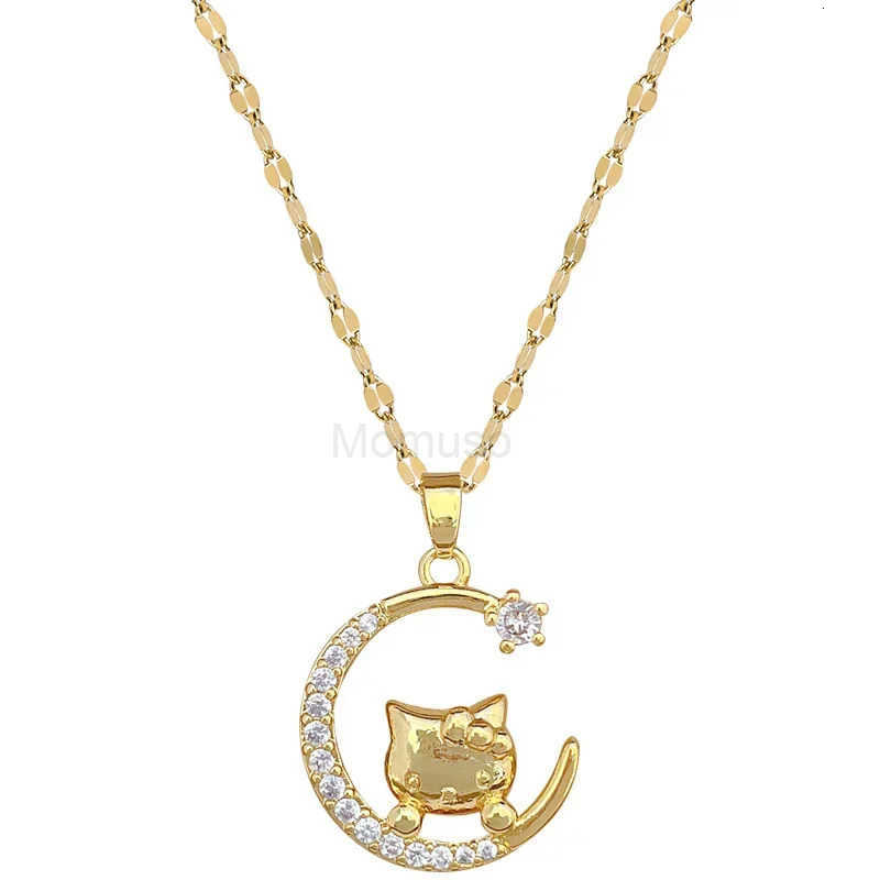 Sanrio Gold Color Hello Kitty with Moon Zircon Pendant Necklaces for Women Girls Stainless Steel Chain Accessories Jewelry Gifts L250925