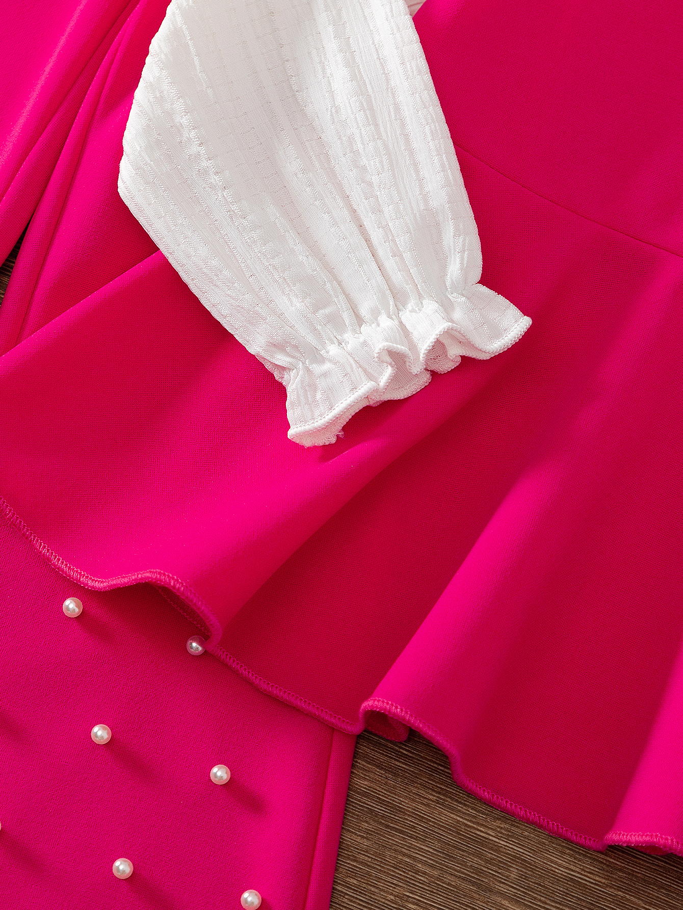 Toddler Girl 2pcs Set: Ruffled Collar Top with Flower Applique & Pearl - Embellished Pink Pants, Elegant Outfit-2944