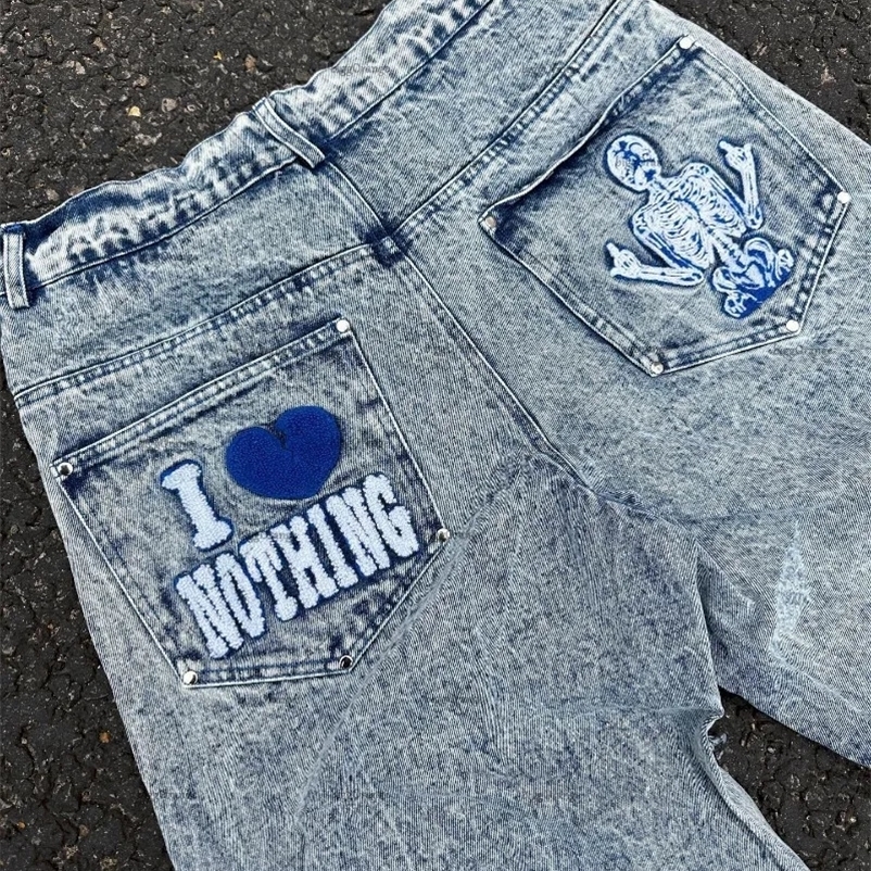Men's Jeans European and American Embroidered Oversized Jeans for Men Y2K High Street Skull Loose High Waist Straight Wide Leg Pants Unisex 23110